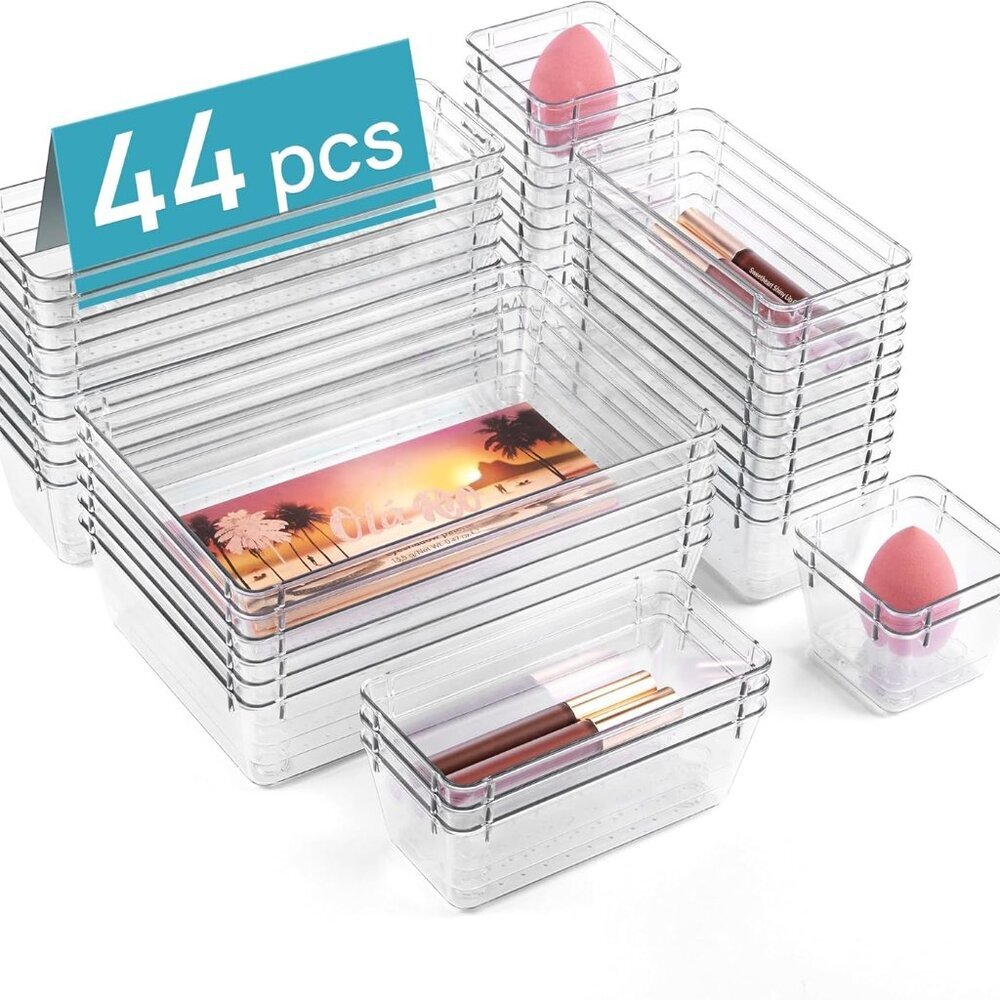 44 PCS Clear Plastic Drawer Organizers Set, 4-Size Versatile Bathroom and Vanity